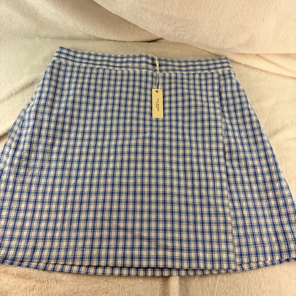 Max Studio London Blue White Gingham Plaid Cottagecore Nautical Wrap Mini Skirt